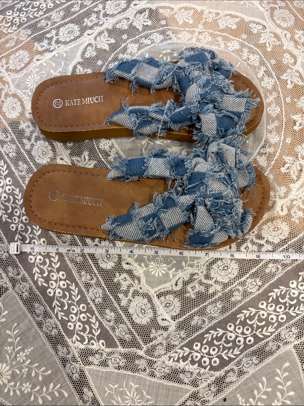 Denim Frayed Slide Sandals - Blue
